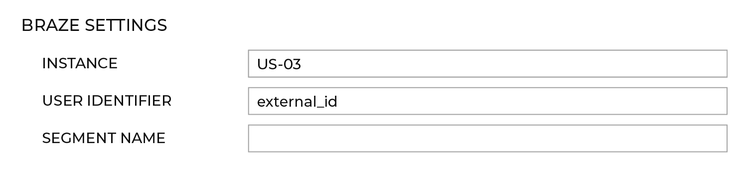 インスタンスが「US-03」、ユーザー ID が「external_id」、セグメント名が空白、S3 バケットが「amperity-training-abc123」、S3 フォルダーが「braze-attributes」である「Braze Settings」セクション。