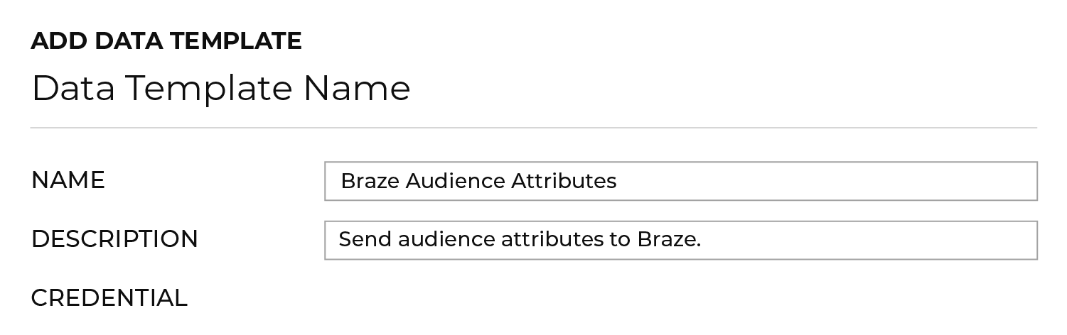 名前が「Braze Audience Attributes」で説明が「Send audience attributes to Braze」である「Data Template Name」セクション。