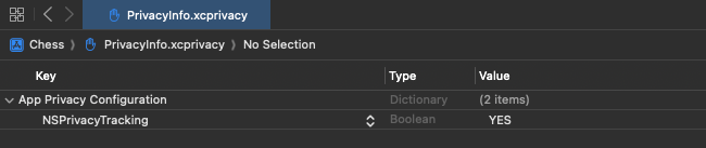 [NSPrivacyTracking] が [YES] に設定されて開かれている「PrivacyInfo.xcprivacy」ファイル。