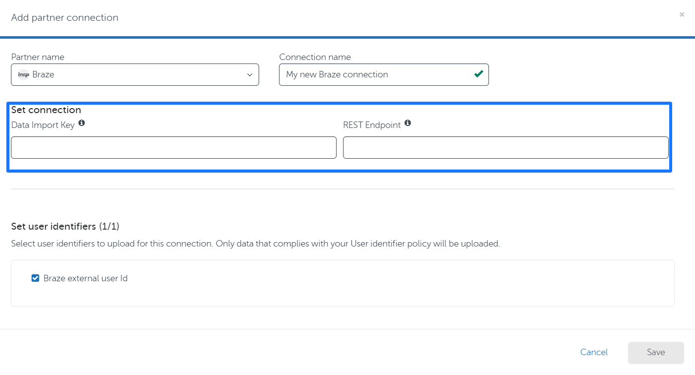 AppsFlyer Audiences プラットフォームのパートナー接続設定ページ。画像下部で「Braze external ID」ボックスがオンになっている。