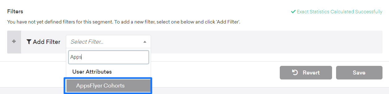 ユーザー属性フィルター「AppsFlyer Cohorts」アが選択されている。