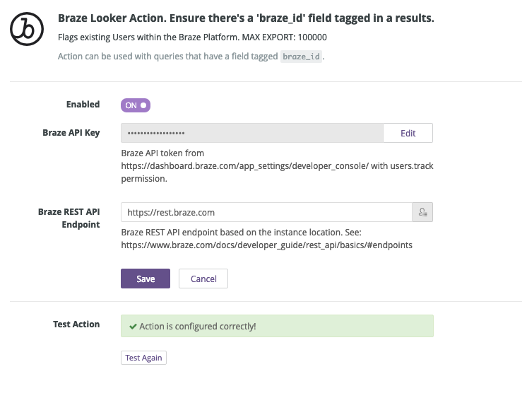 Looker Brazeの設定ページ。Braze API キーと Braze REST API エンドポイントのフィールドがある。