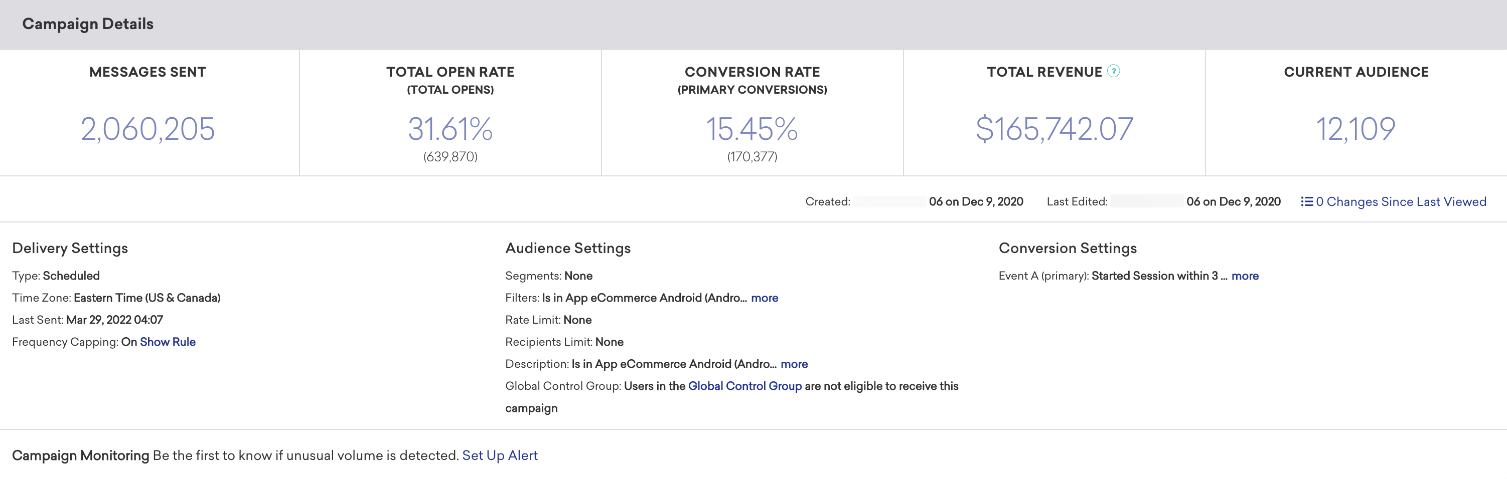 Campaign Details panel with an overview of metrics used to determine campaign performance.