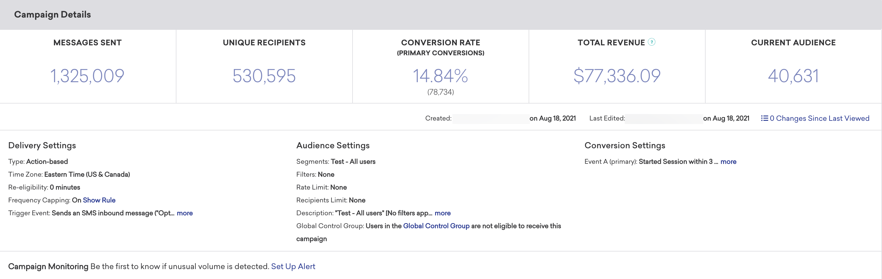 Campaign Details panel with an overview of metrics used to determine campaign performance.