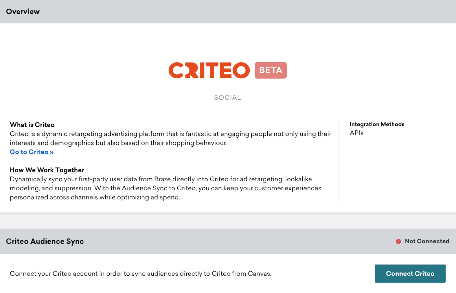 Braze の Criteo テクノロジーページ。「概要」モジュール、「Criteo」モジュール、「Criteo に接続」ボタンが表示されている。