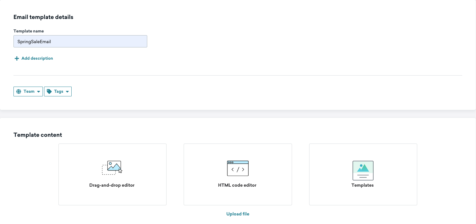 ドラッグアンドドロップエディタまたはHTMLエディタを選択するか、Braze テンプレートs から選択するかを選択できる、企業の春物セールのメール テンプレート。