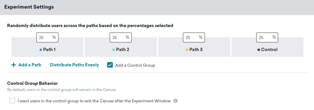 実験設定（Experiment Settings）では、パスを追加し、各パスにおけるユーザーの割合を分配することができる。