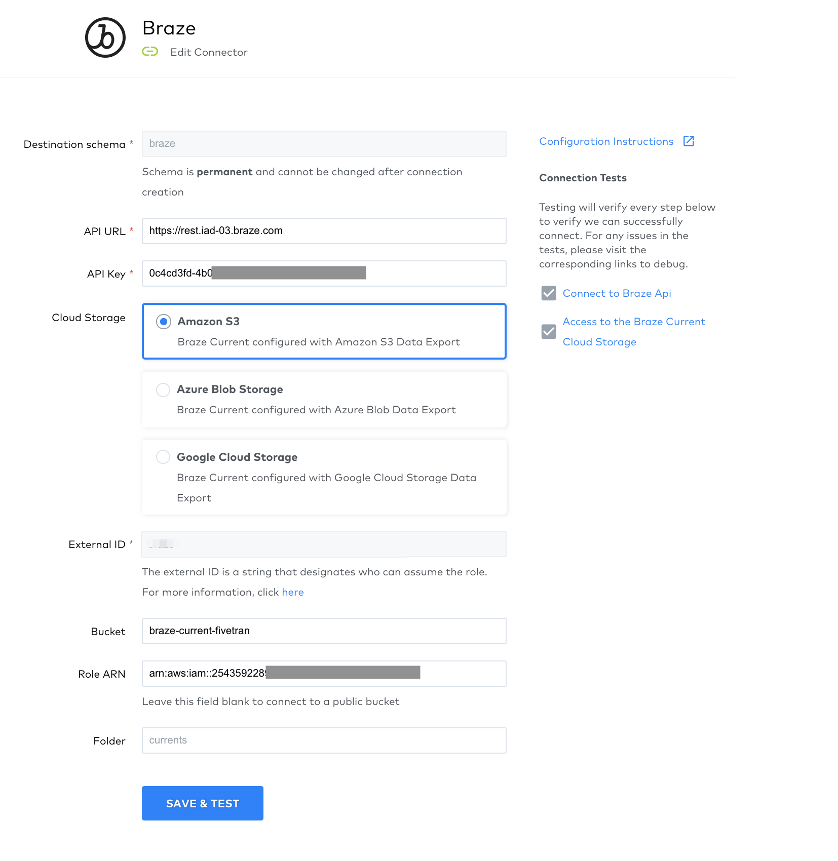 Fivetran の Braze コネクター設定フォーム。このステップに必要なexternal IDフィールドは、ページの中央にある薄い灰色のボックスにあります。