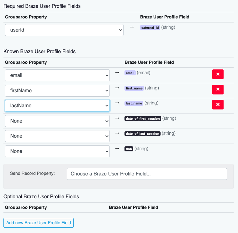 プロパティのマッピングフィールドの例。Grouparoo userID は、external_id にマップするように設定されます。email、firstName、lastName は、対応する「email」、「first_name」、および「last_name」 Grouparoo フィールドとして設定されます。