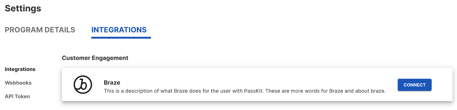 PassKitプラットフォームのBraze統合タイル。