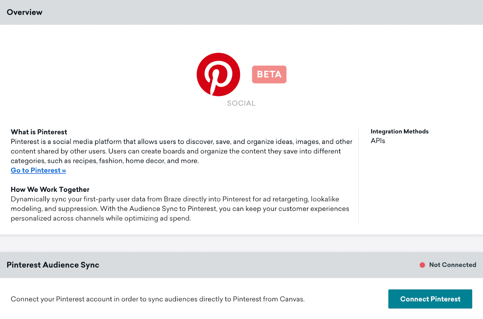 Braze の Pinterest テクノロジーページ。「概要」モジュール、「Pinterest Audience Sync」モジュール、「Pinterest に接続」ボタンが表示されている。