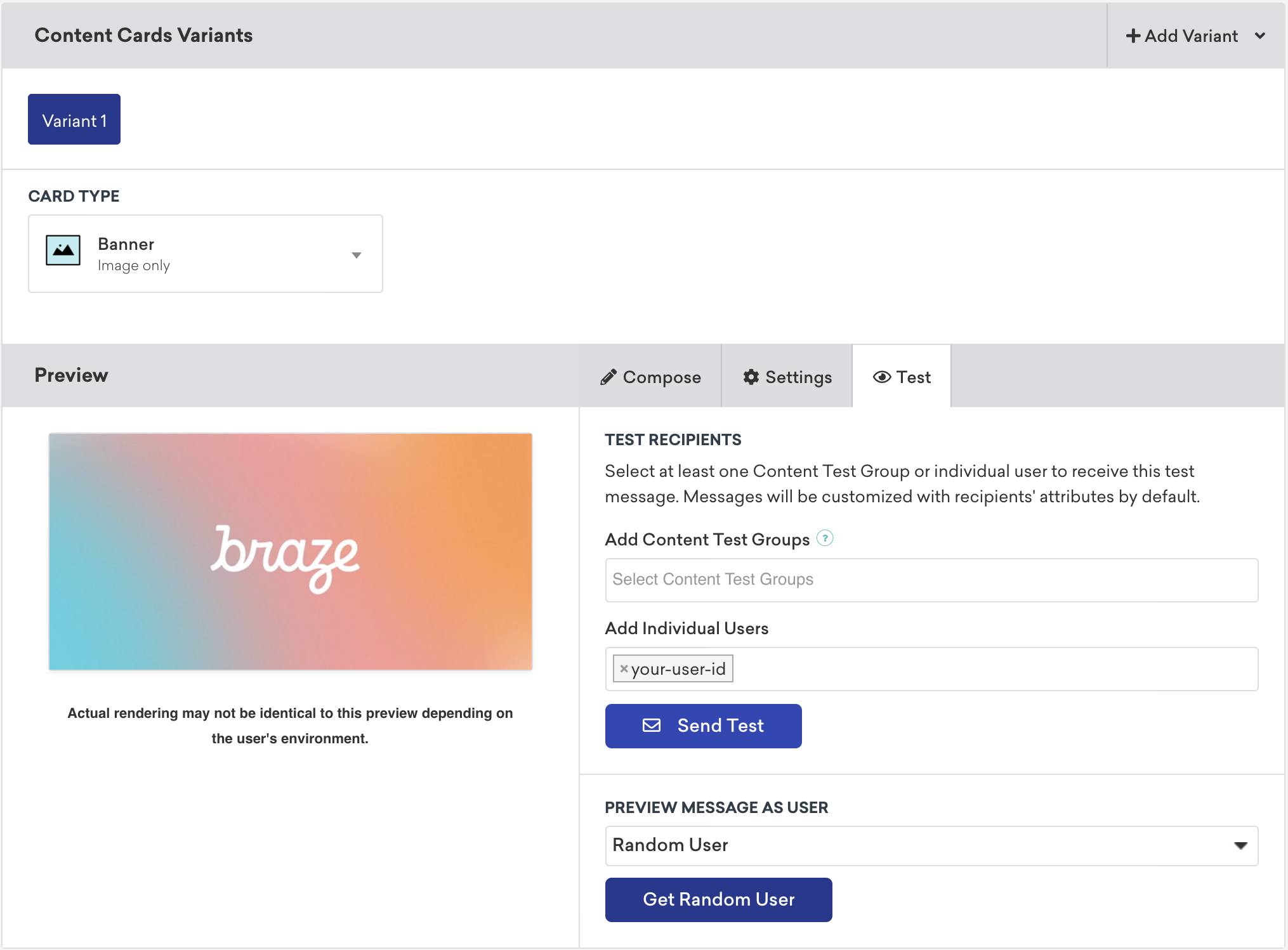 Braze Content Card キャンペーンでは、テスト受信者として独自のユーザーID を追加して、コンテンツカードをテストできます。