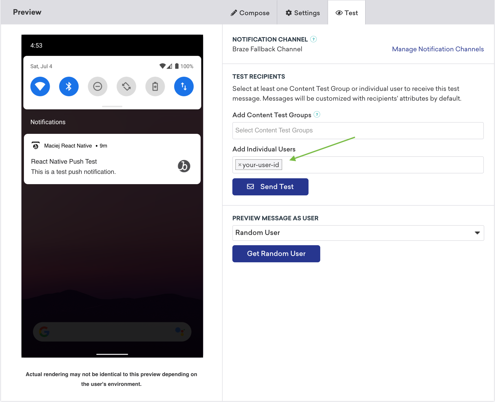 テスト受信者として独自のユーザID を追加して、プッシュ通知をテストできることを示すブレーズプッシュキャンペーン。