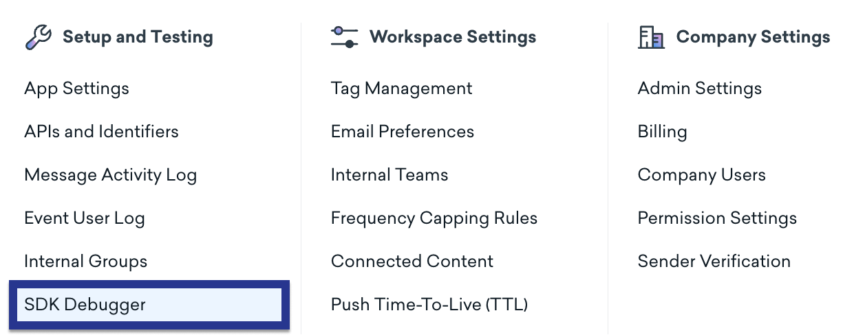 The "Setup and Testing" section with "SDK Debugger" highlighted.