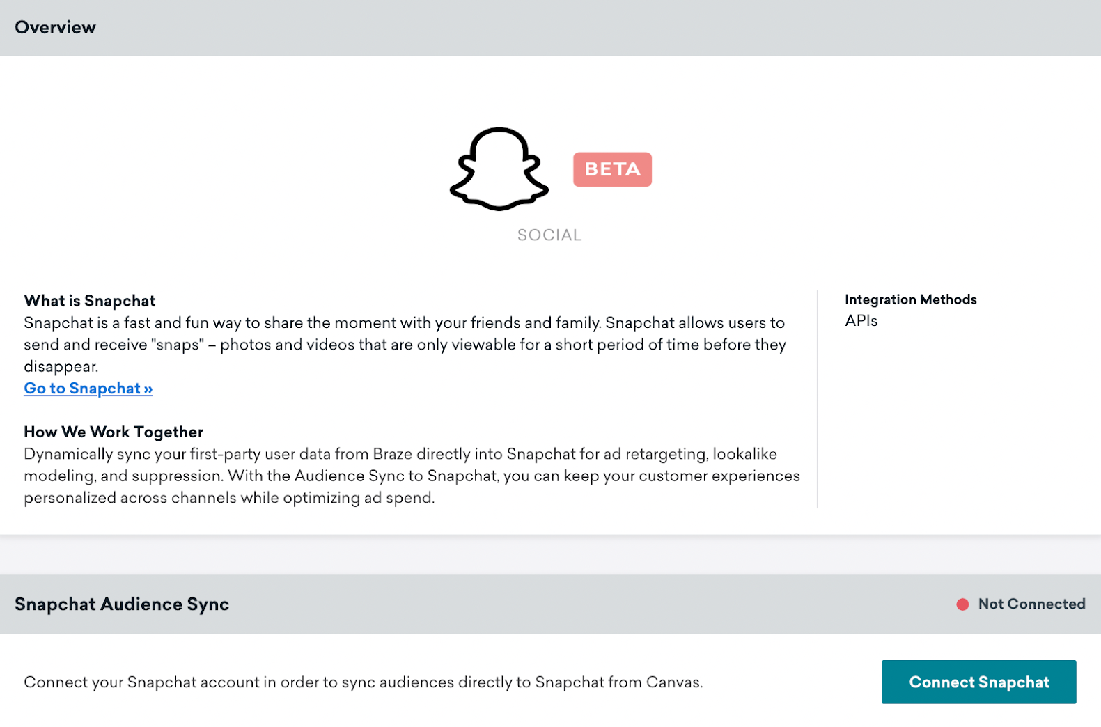 Braze の Snapchat テクノロジーページ。「概要」モジュール、「Snapchat Audience Sync」モジュール、「Snapchat に接続」ボタンが表示されている。