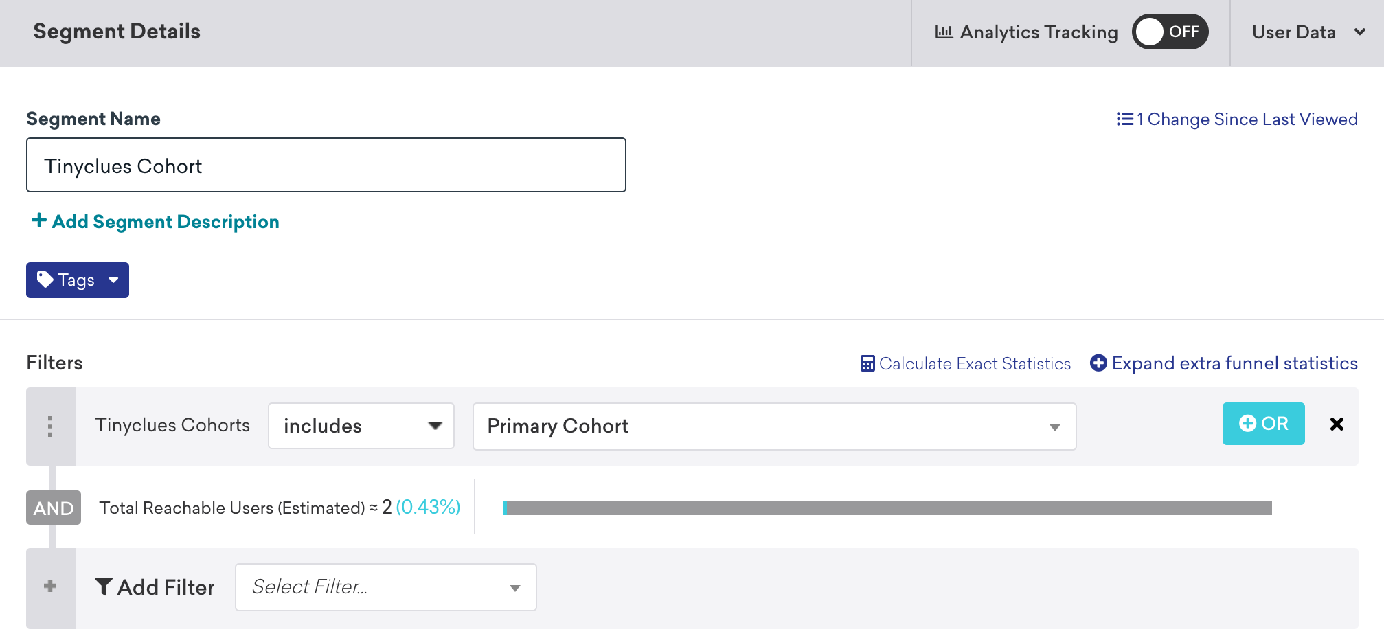 Braze セグメントビルダーで、ユーザー属性フィルター「Tinyclues cohort」が「次を含む」と「Primary cohort」に設定されている。