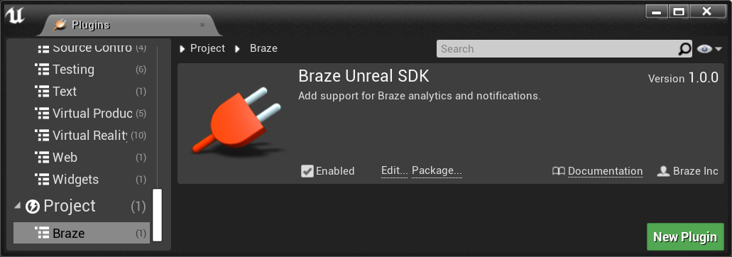 Unreal Engine UI で表示されるBraze Unreal SDK プラグイン。