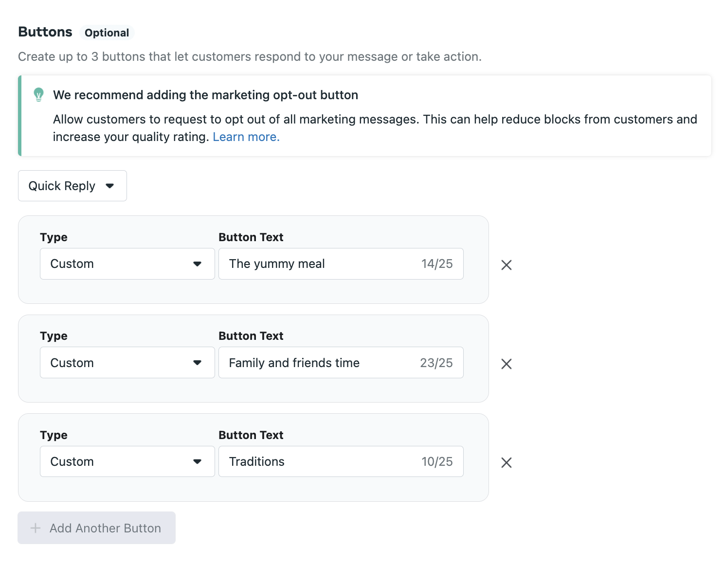 WhatsAppメッセージテンプレートマネージャーのUIでCTAボタンの作成方法、ボタンタイプ(カスタム)、ボタンテキストを確認できる。