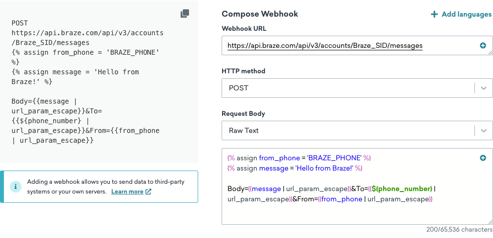 ウェブフック・テンプレートを作成するときに「Compose」タブをクリックする。利用可能なフィールドは、言語、ウェブフックURL、リクエストボディである。