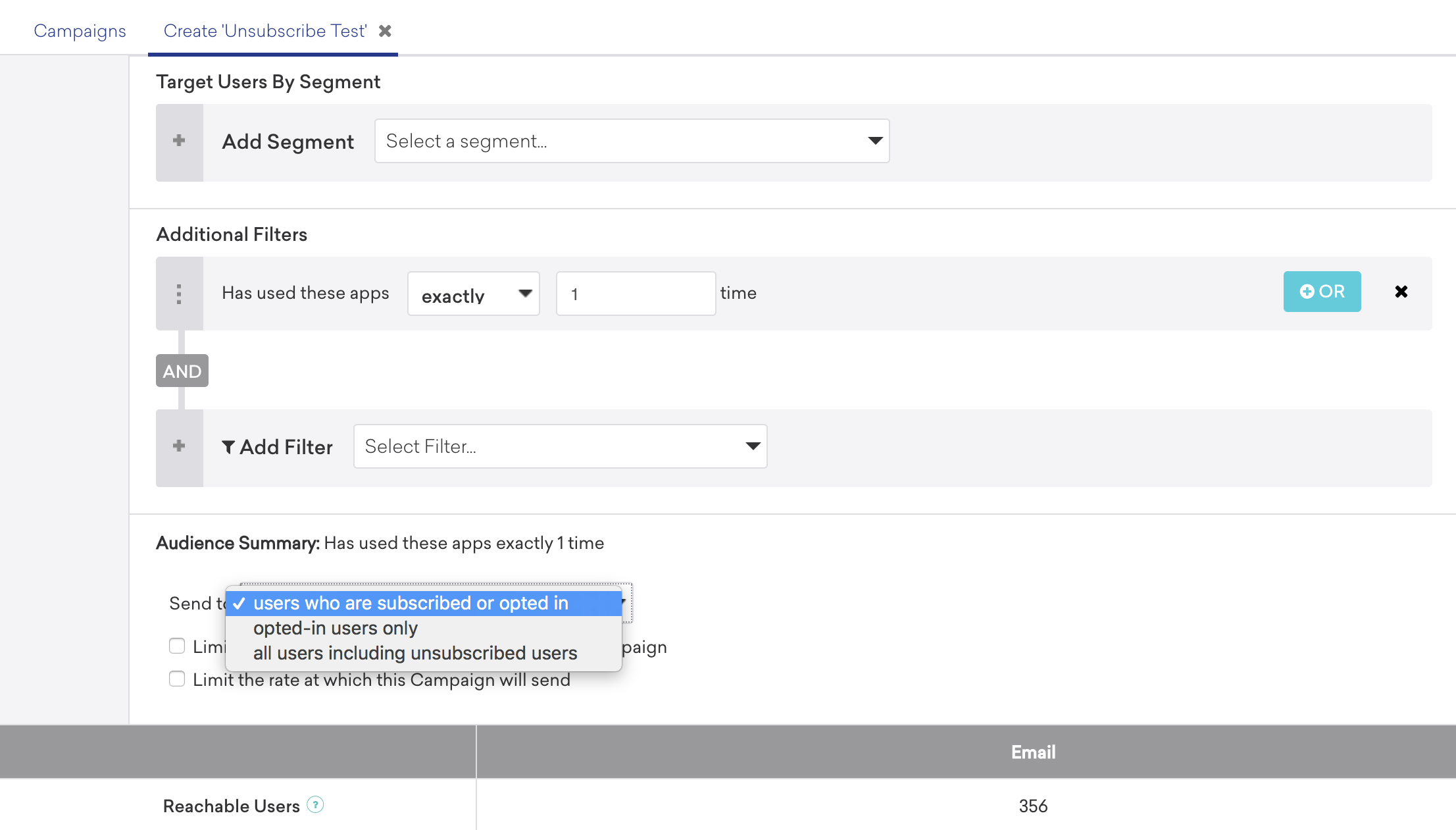 Target AudienceステップのTargeting Optionsセクションで購読またはオプトインしているユーザーのオーディエンスターゲティング例。