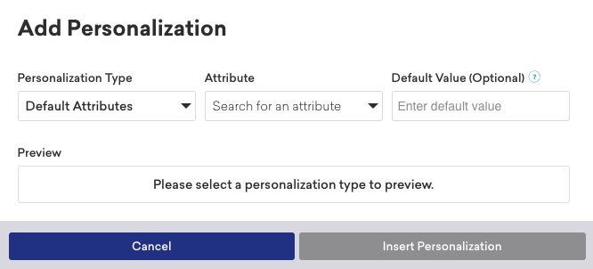 パーソナライズの挿入をクリックした後に表示されるパーソナライズの追加モーダル。モーダルには、パーソナライズタイプ、属性、オプションのデフォルト値のフィールドがあり、リキッド構文のプレビューが表示される。