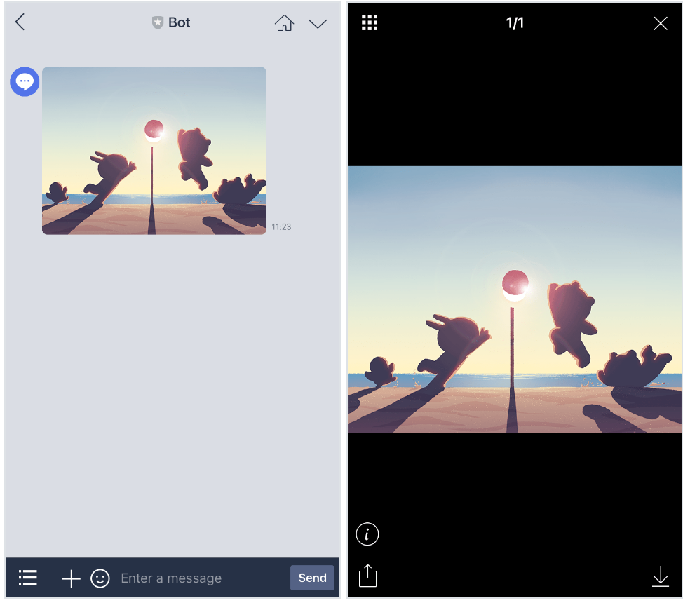 プラットフォームでの画像メッセージの表示例を示す LINE メッセージング UI。