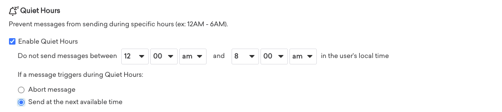 クワイエットアワーを有効にしたキャンペーン。この例では、ユーザーの現地時間の午前 12 時から午前 8 時まではメッセージは送信されません。もしメッセージがクワイエットアワー中にトリガーされた場合、メッセージは次の利用可能な時間に送信される。