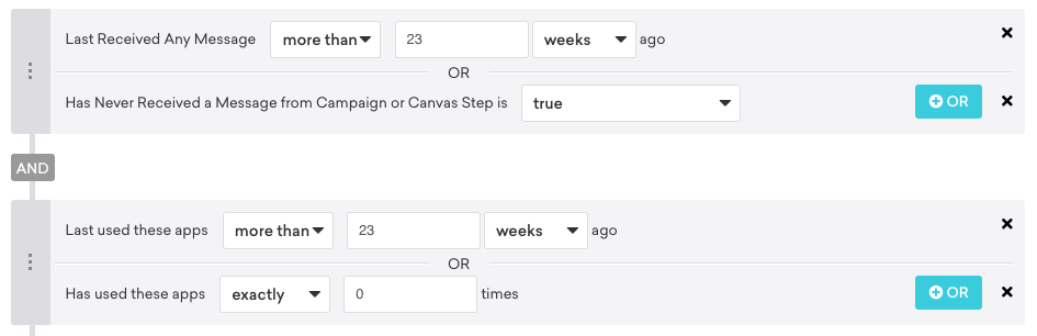 最後にメッセージを受け取ったのが23週間以上前、キャンペーンやキャンバスステップからのメッセージを受け取ったことがない、最後にこれらのアプリを利用したのが23週間以上前、これらのアプリを利用した回数が0回というユーザーを対象とする。