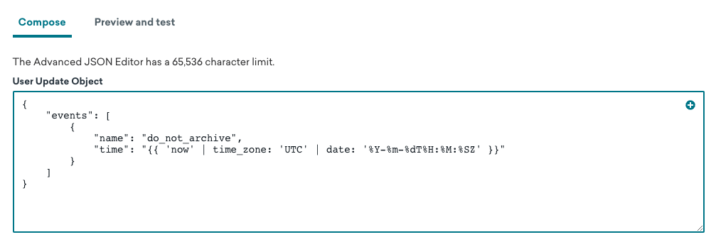 ユーザーのプロファイルに "do_not_archive "イベントを追加するユーザー更新ステップ。