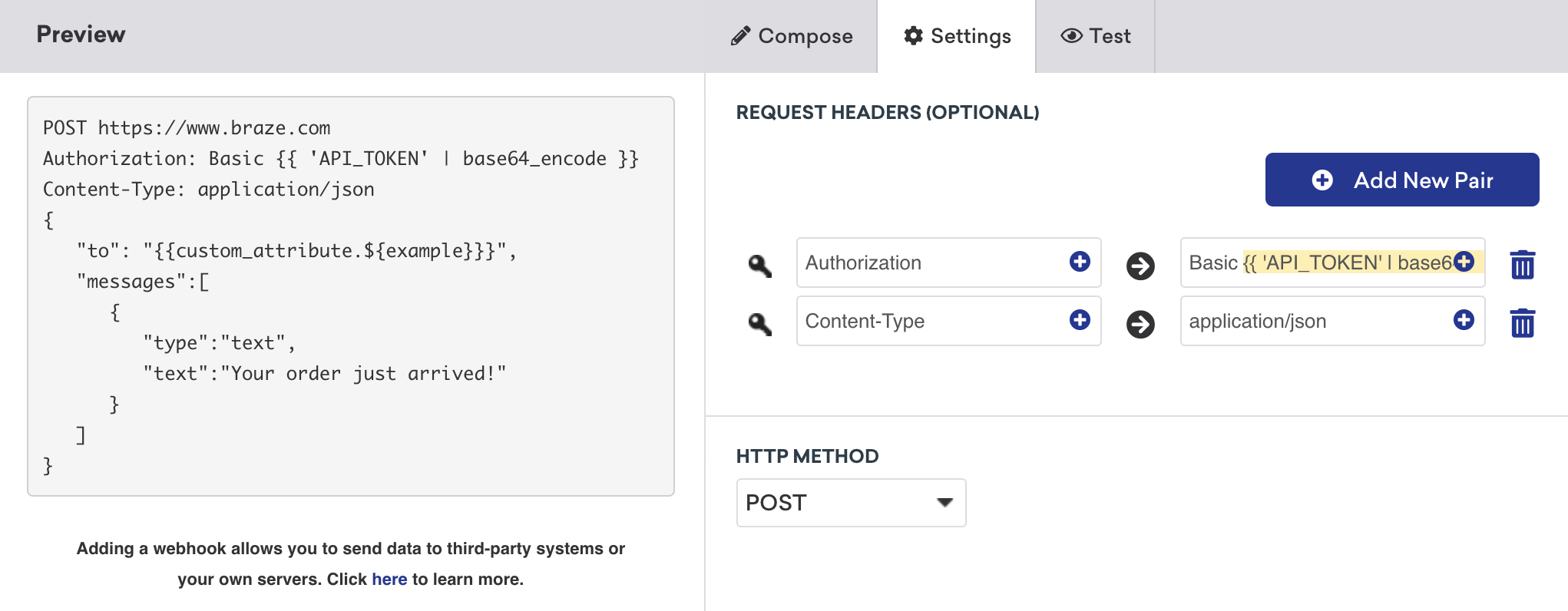 作成者の設定タブでリクエストヘッダーとHTTPメソッドを指定します